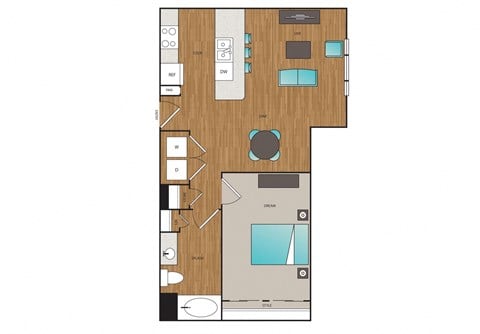 Floor plan for 1 bed, 1 bath, 747 sqft